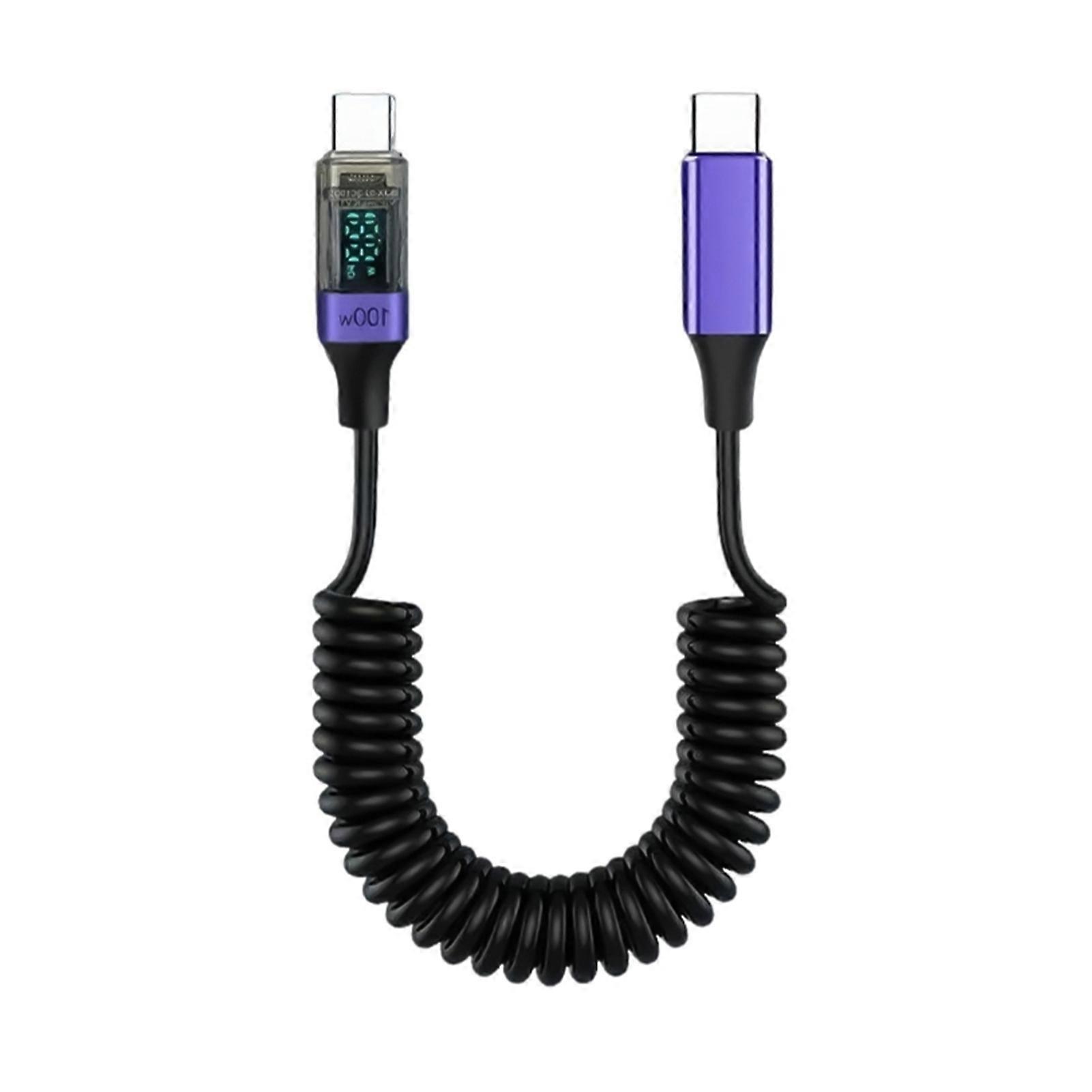 PD100W Retractable Charging Cable - 480Mbps Data Sync & LED Display - Spring Type-C Fast Charge