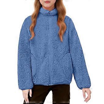 Damejakke med hel glidelås, ståkrage og langermet fleece, løs passform og sidelommer for fritidsbruk, stil #D008 Blå 120