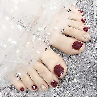 Red Rhinestone Press On Toenails 24pcs x 2 Boxes Glitter False Toenails Set with Multiple Sizes