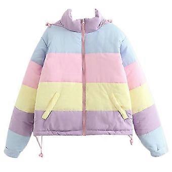 Doudoune d'hiver rembourrée pour femme, compatible avec une veste à rayures arc-en-ciel, capuche, cordon de serrage et fermeture éclair, manteau en coton arc-en-ciel