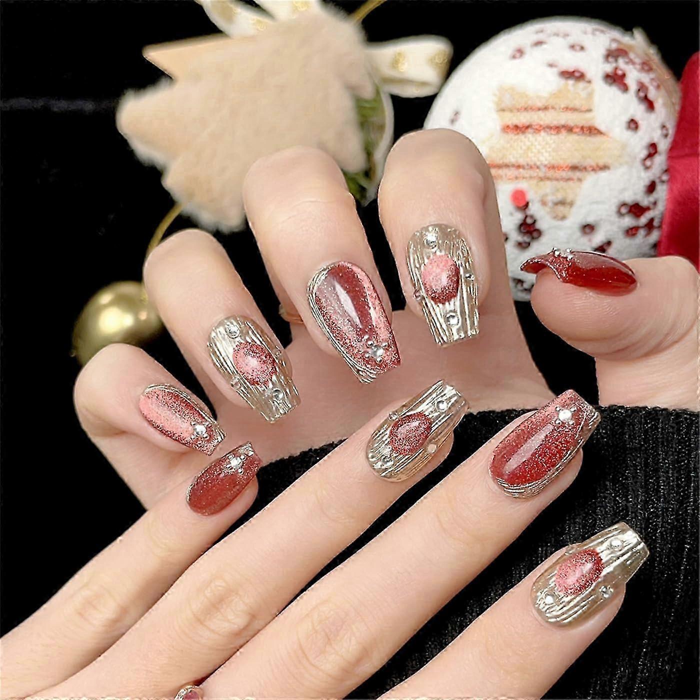 Handmade Red Cat Eye French Nails