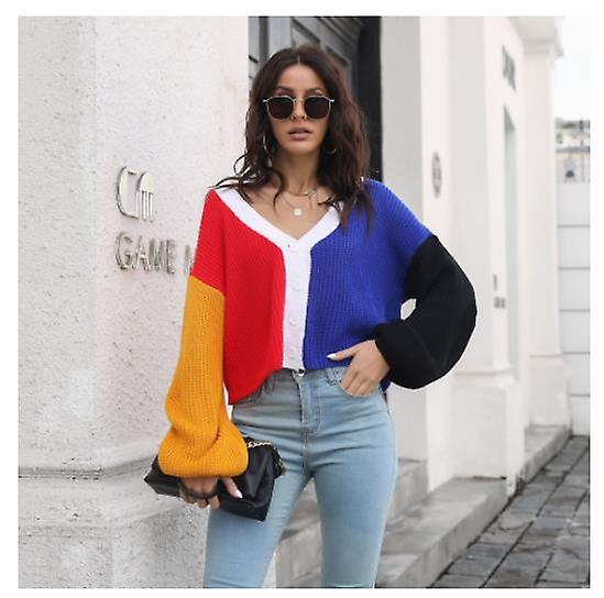 Manteau pour femmes 2022 Automne et hiver Color-block Tricot Cardigan Mode Color-block Pull Femmes Lche manches longues
