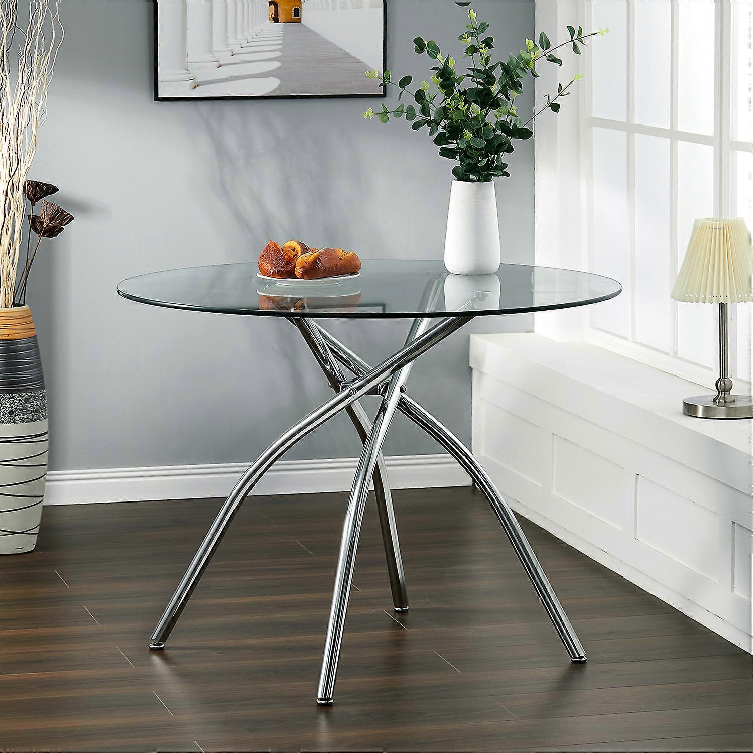 100CM Round Glass Dining Table with Chrome Legs