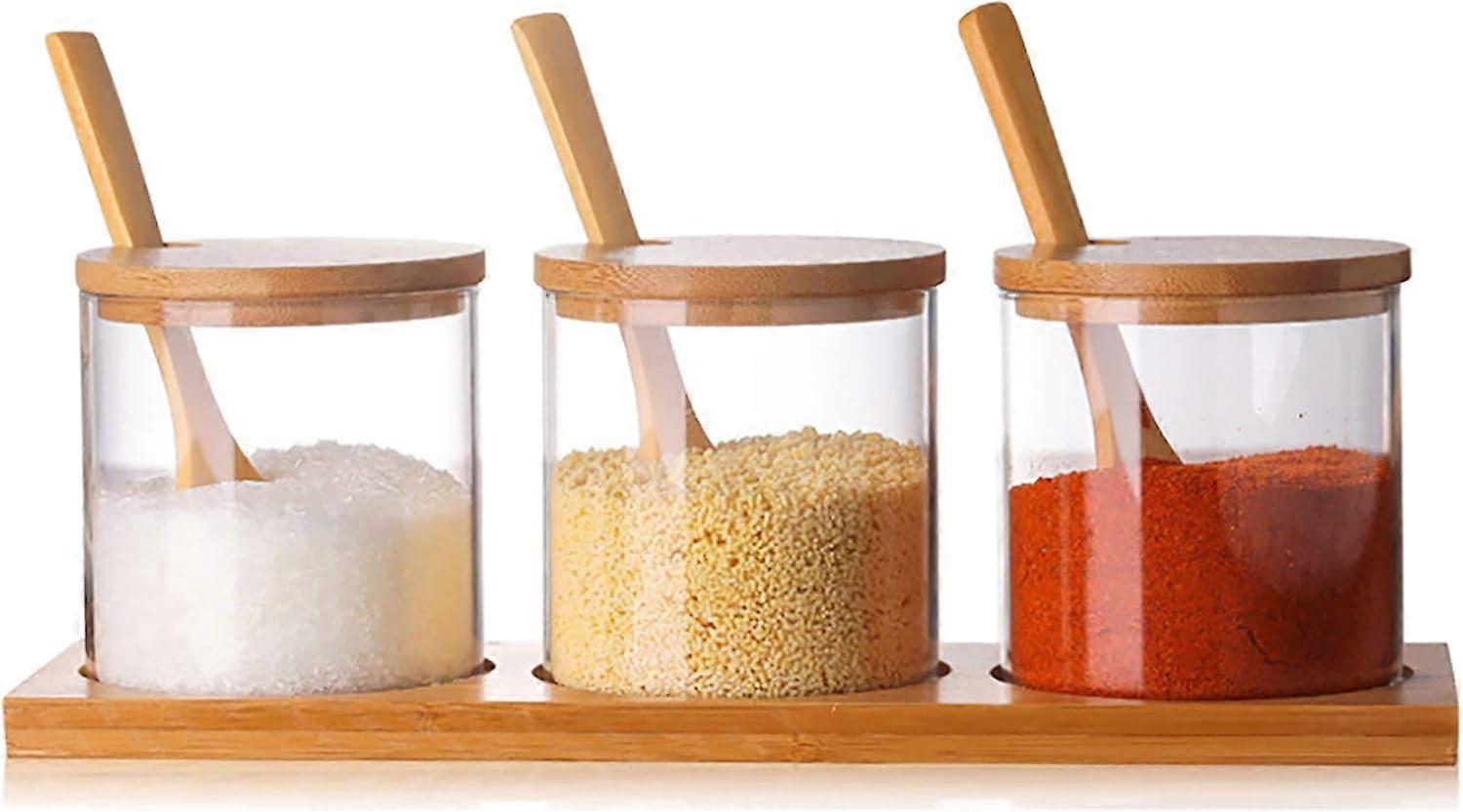 Condiment Container Seasoning Box Set Glass Condiment Canisters Pots with Bamboo Spoon Lid and Base