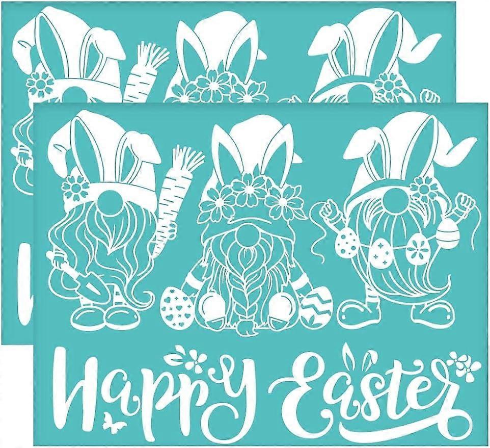 2Pcs 11x8.6 Inch Happy Easter Self-Adhesive Silk Screen Printing Stencil Easter Gnome Elf Silk Screen Stencil Easter Bunny Egg Mesh Stencils Transfer 
