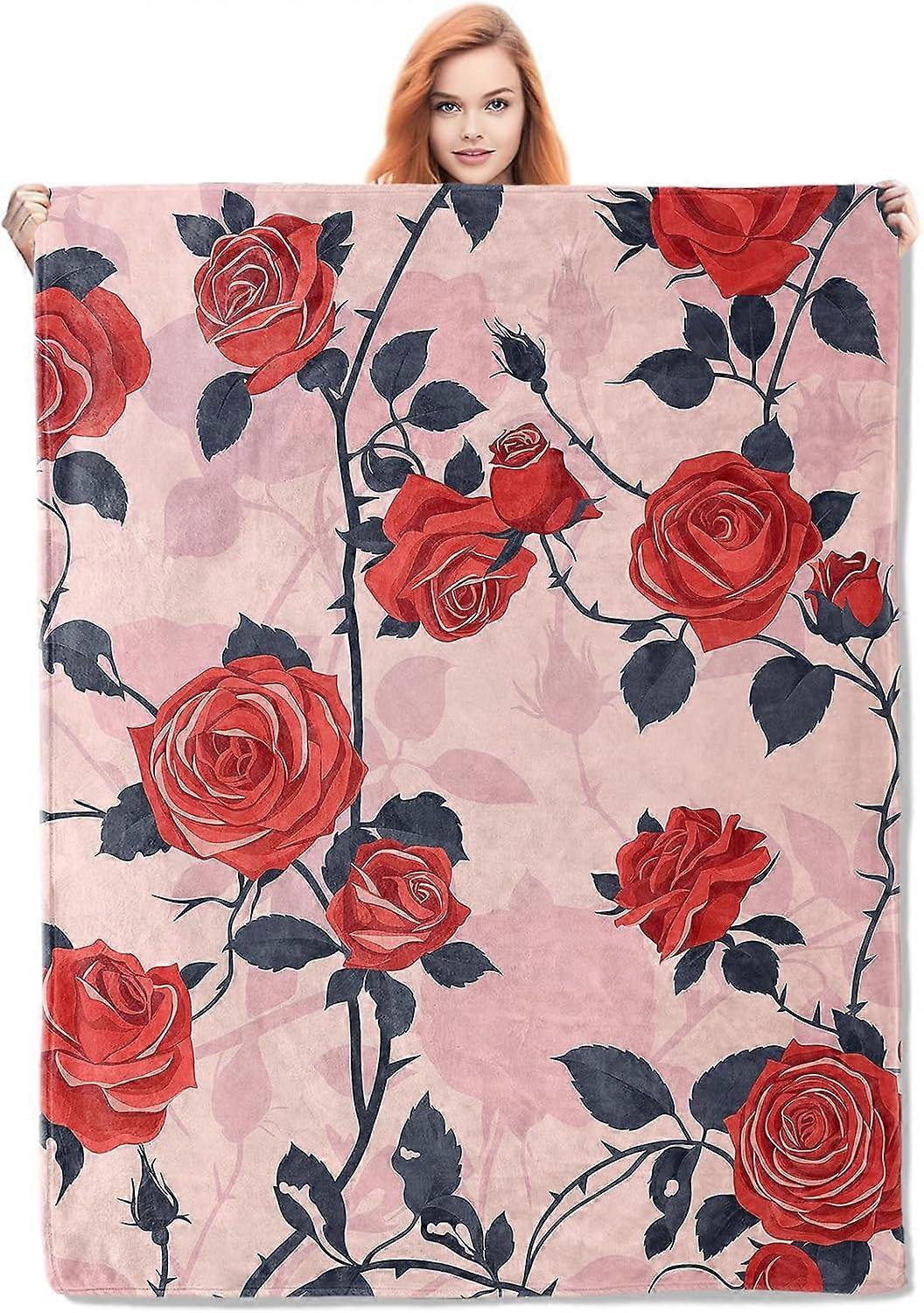 Red Rose Blanket, Elegant Floral Pattern Flannel Throw Blankets,Soft Warm Lightweight Cozy Plush Throws for Bedroom Sofa Office Home Decor Gifts for W