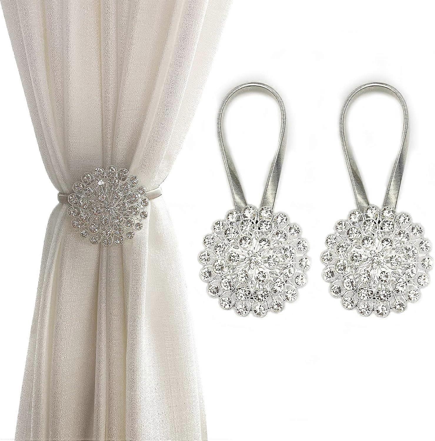 Tiebacks for Curtains, 2 Pack Sparkling Crystal Flower Curtain Tiebacks Curtain Buckle Clips with High-Elastic Spring Wire for Home Office Decoratio