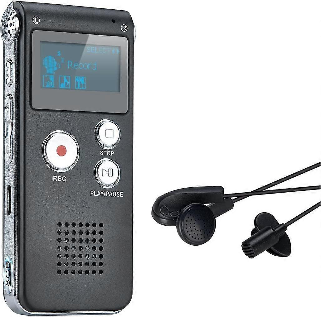 مسجل صوت رقمي محمول مسجل صوت ديكتافون مسجل LCD مشغل MP3 - 8 جيجابايت (أسود)