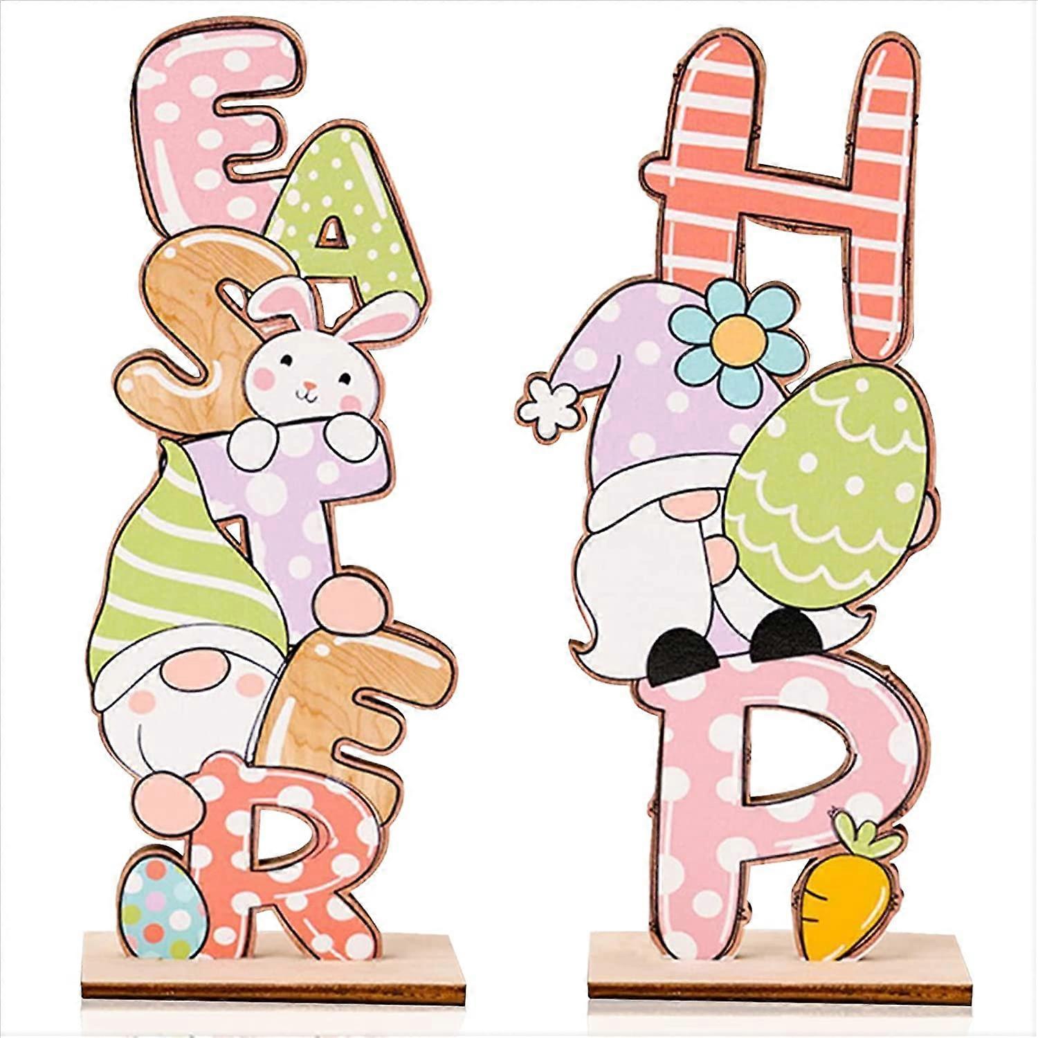 Easter decorations on wooden table, gnome bunny decorations for Easter crafts
