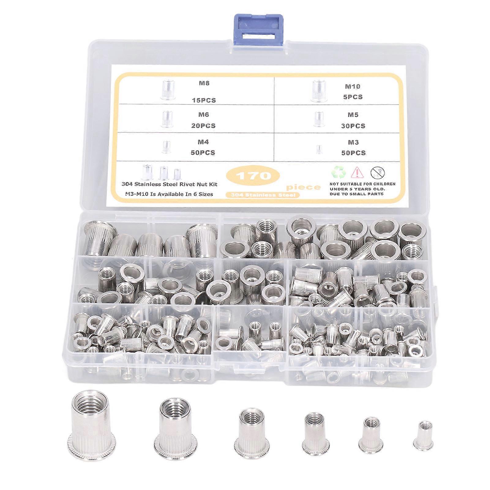 170pcs M3?M10 304 Stainless Steel Rivet Nuts Durable Flat Head Threaded Rivet Nut