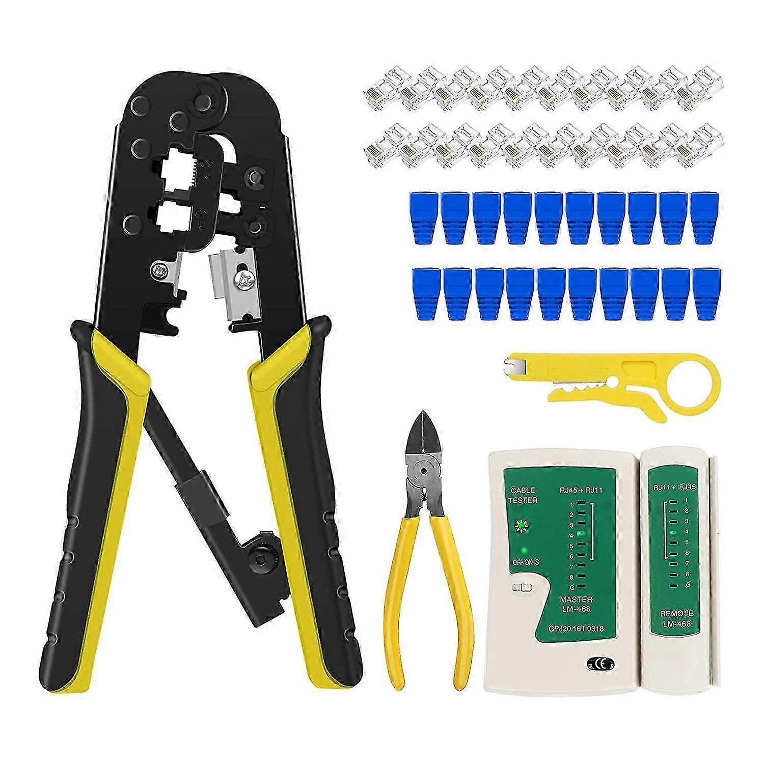 RJ45 Crimp Tool Kit for Cat5 Cat5E Cat6 Modular Plug Connectors, RJ-11, 6P/RJ-12, 8P/RJ-45 Network