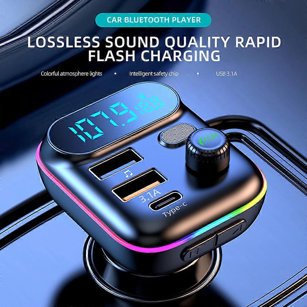 Car Bluetooth 5.0 FM Transmitter Fast USB Type C Car Charger Colorful Handsfree Car Kit Mp3 Player Support TF Card B