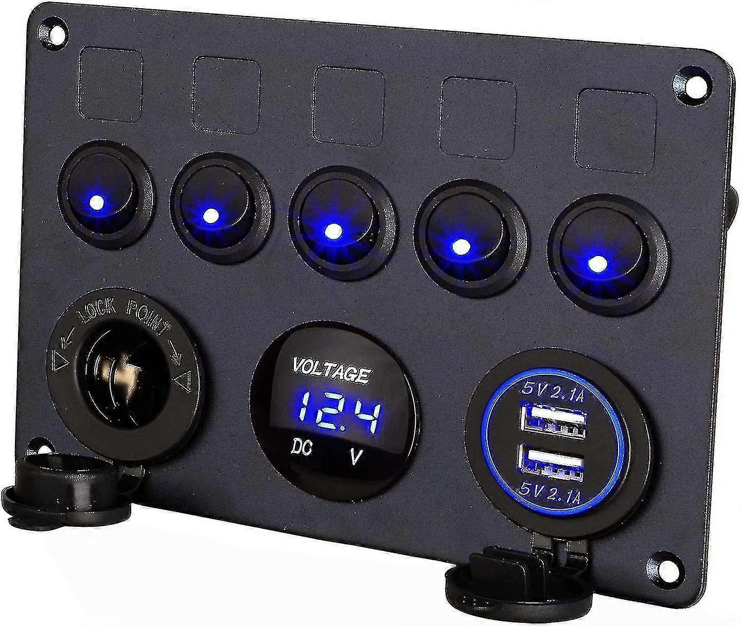 Πίνακας ελέγχου 12v/24v, 5 ομάδες επιτροπών διακοπτών rocker, με το διπλό φορτιστή USB 5v 4.2a, αδιάβροχο οδηγημένο βολτόμετρο