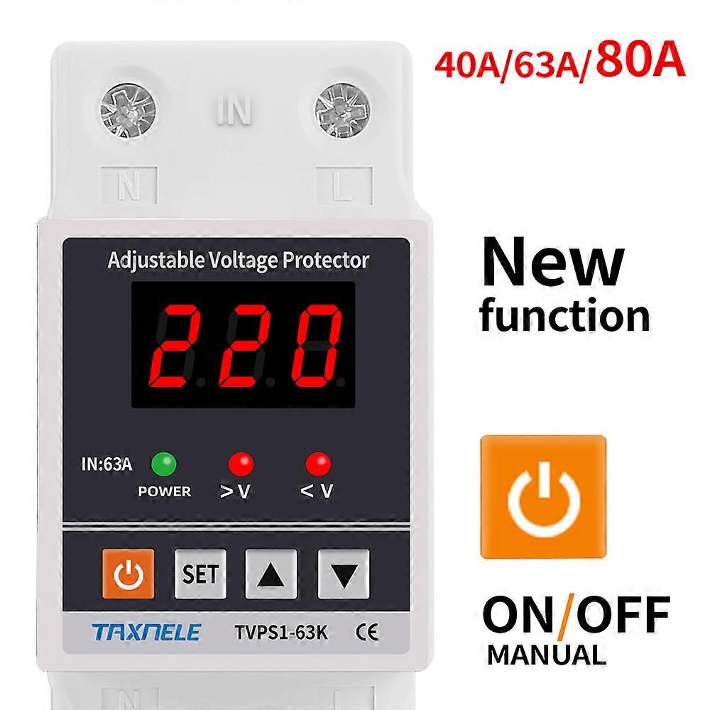 63A 220V Din Rail Adjustable Recovery Reconnect Over and Under Voltage Protective Device Protector Relay Over Voltage Protection