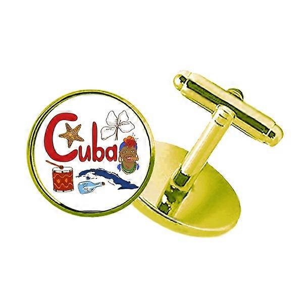 キューバの国のシンボルランドマークパターンちりばめられたビジネスメタルカフスボタンゴールデン