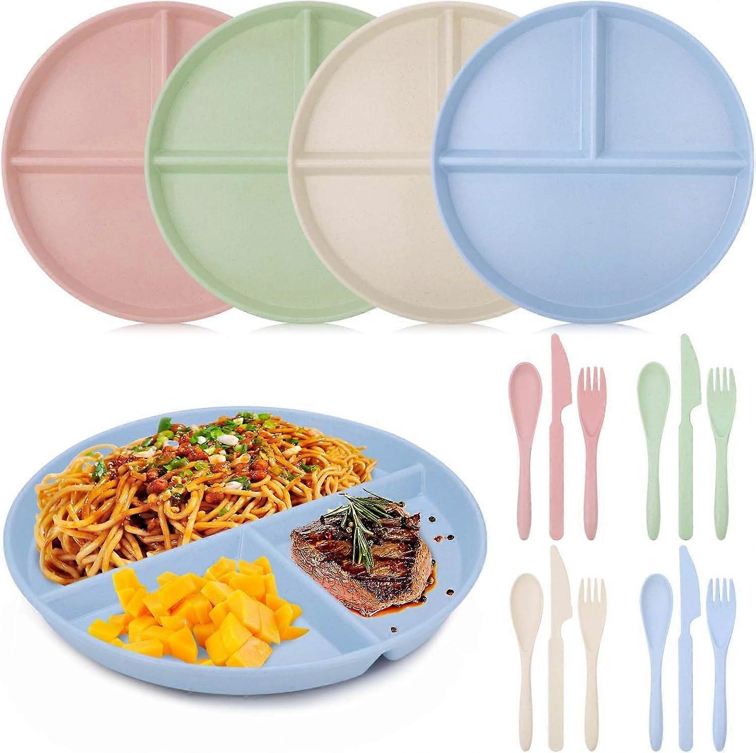 4PCS Divided Dinner Plates, 23cm Portion Control Plate Unbreakable Divided Plates, 3 Sections Deep Dishes Set Include Fork, Spoon, Knife