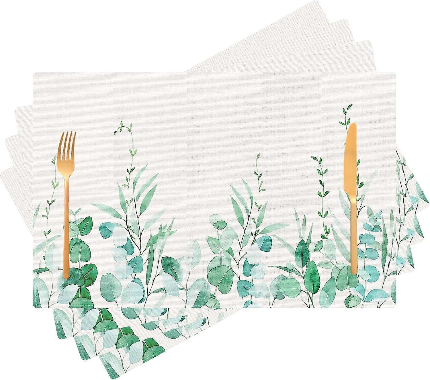 Green Placemats Set of 4 Eucalyptus Leaf Place Mats Indoor, Floral Watercolor Linen Washable Heat Resistant Placemats for Kitchen Dining Tables, 12x18