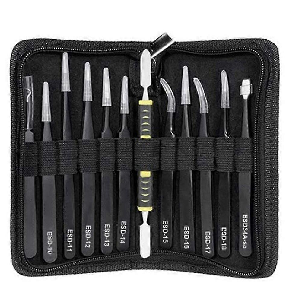 Tweezers 12 Pieces ESD Tweezers Tools Kit Anti-Static Non-Magnetic Stainless Steel Multi-Standard w