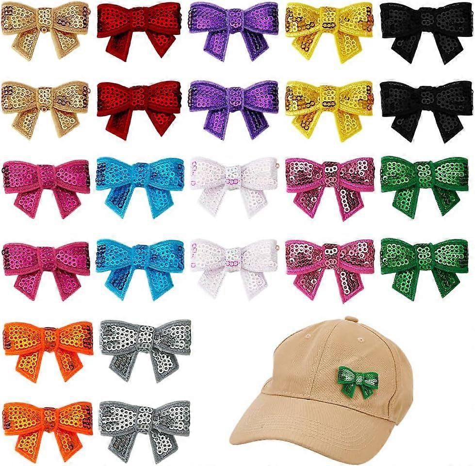24 PCS 12 Colors Mini Bow Sequin 1.77x1.22x0.21inch Sew on Bow Patches Shiny Small Bow Applique Embroidered Patches Leather Bowknot Sequin for Clothin