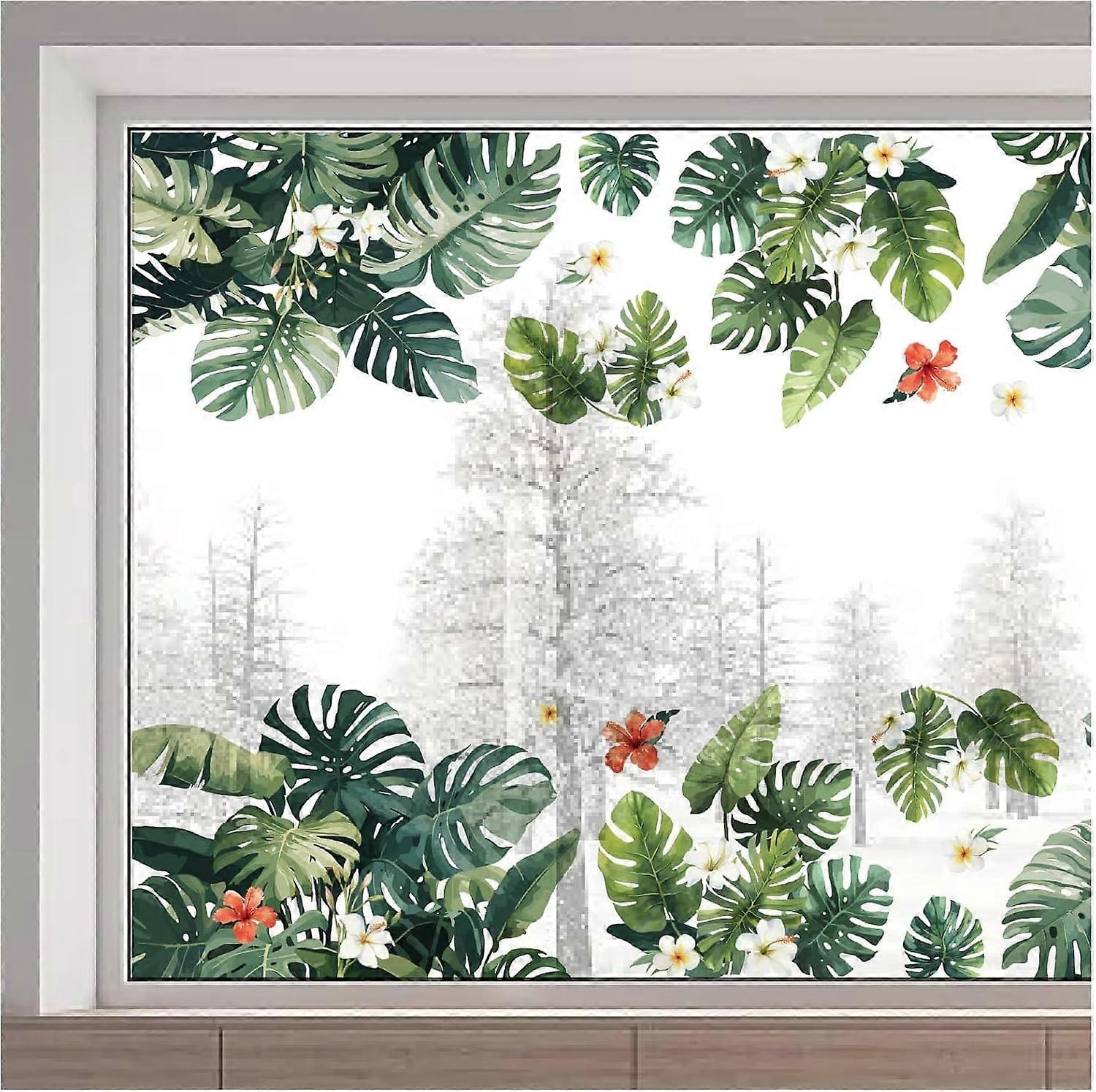 45.6x11.8 Inch Large Tropical Plant Window Clings Green Leaf Window Stickers Spring Summer Leaves Flower Window Decal Removable Reusable Window Decora