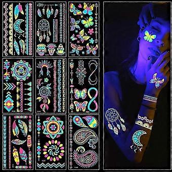 Neon Tattoos, Adhesive Tattoos, Temporary Make-up Uv Body Face Painting Tattoo Sticker For Women Men, Accessory For Black Light Uv Party Festivals 8