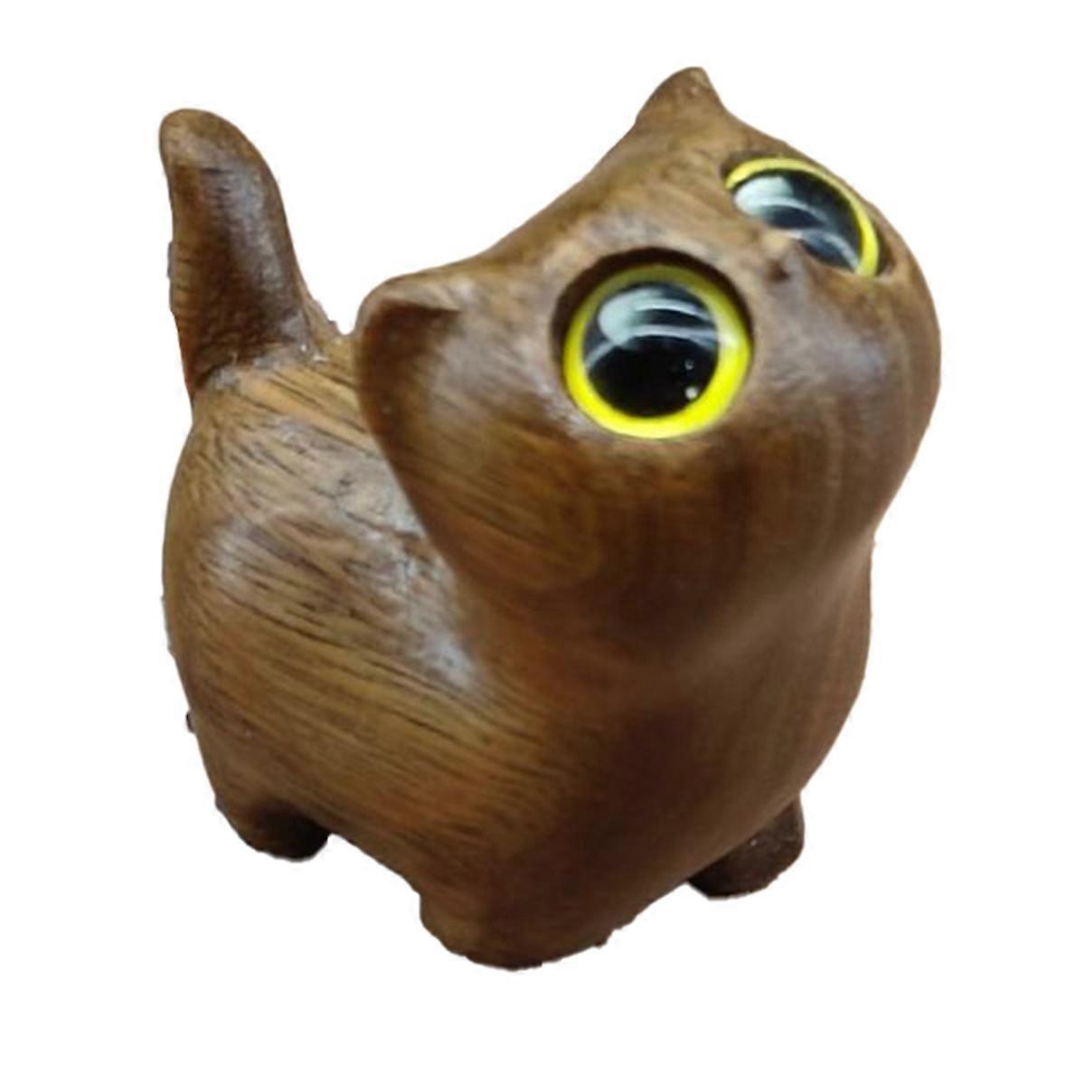 Charming Wooden Kitten Figurine - Handcrafted Cat Decor,Wooden Carving Cute Cartoon Simple Kitten Ornaments Coffee Color