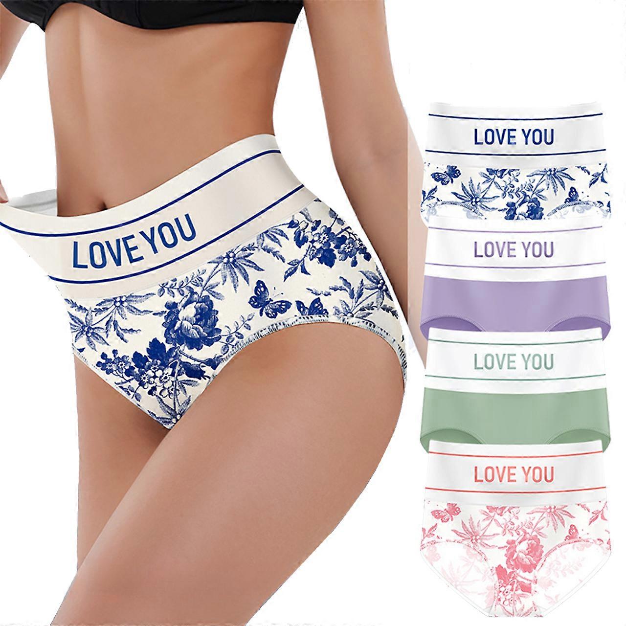 Vanlig storlek Underkläder, 4PCS Normal Storlek Damunderkläder Blomtryck Hög Midja Mag Kontrakterande Damunderkläder, Enstaka artikel Multi-pack,
