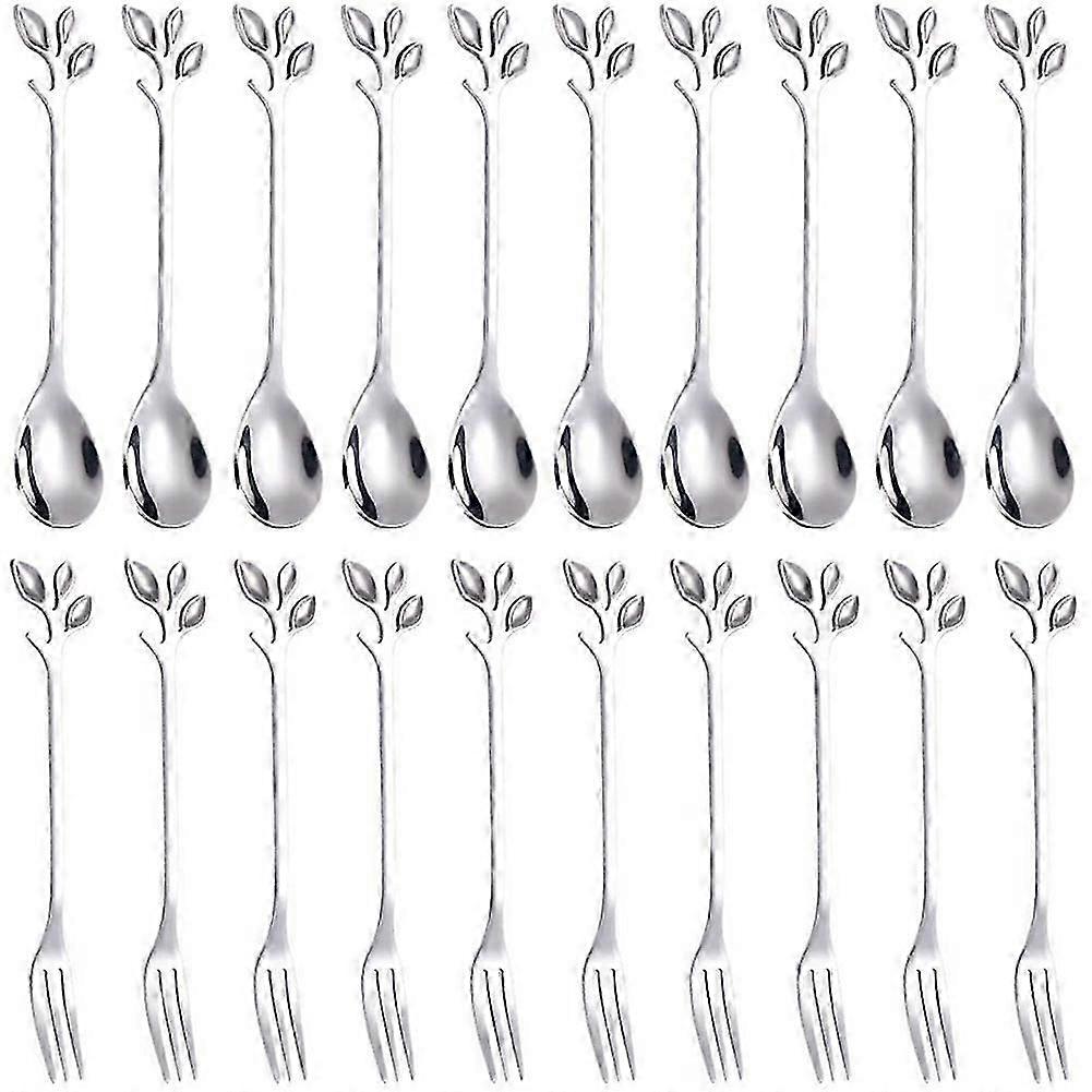 Dessert Spoon Fork Set,20 Pcs 4.7 Inch Cake Fork,Coffee Spoon, Silver Leaf Fruit Fork,(10 Spoon 1