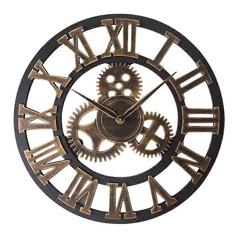 Retro Wooden Round Single-sided Gear Clock Rome Number Wall Clock, Diameter: 30cm