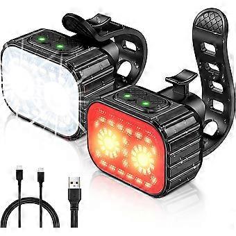 Ensemble d’éclairages de vélo rechargeables super lumineux - 8 + 12 modes IPX6 Feux avant et arrière étanches pour la conduite de nuit