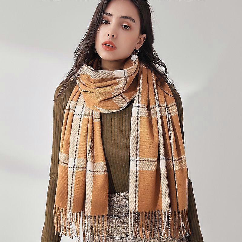 Winter women's scarf shawl cashmere texture tassel plaid large oversized scarf scarf khaki