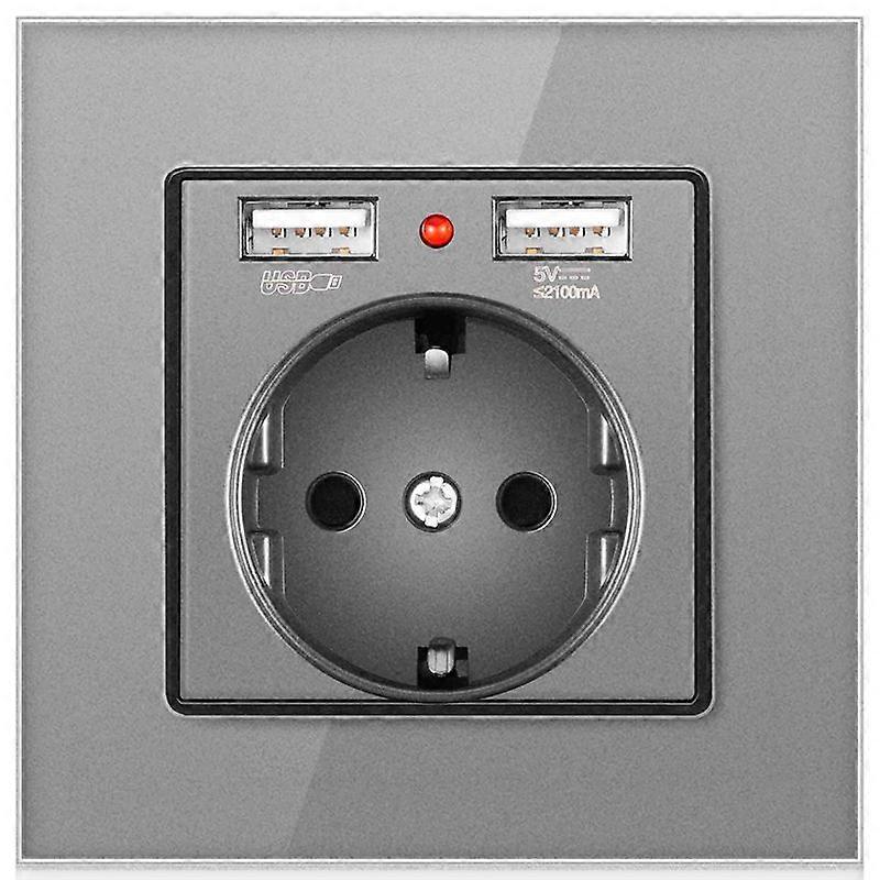 Eu Plug Power Socket Wall Electrical Outlets 230V 16A + 2 USB Chargers 5V 2.1A Glass Panel Grey German Socket