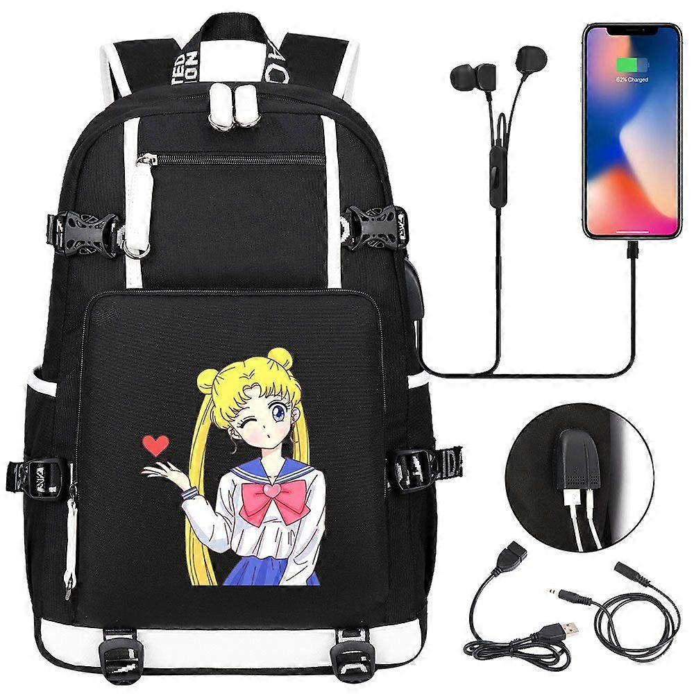 Sailor Moon Rucksack Schwarz USB Anschluss Schule Buch Tasche Studenten Outdoor Umhängetasche Rucksack Cosplay
