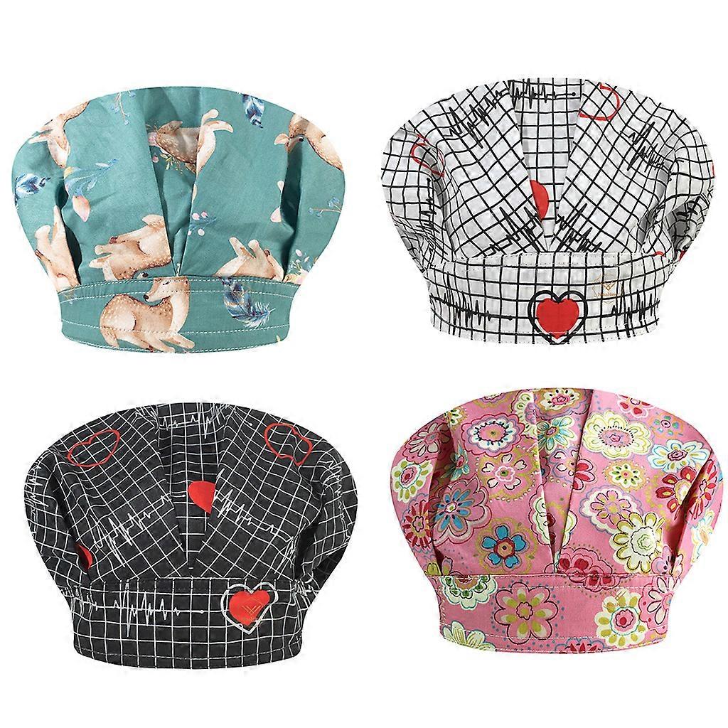 4pcs Adjustable Working Scrub Cap with Sweatband Cartoon Patterns Printed Dustproof Elastic Bouffant Hat for Head Cover  7 10 11 3