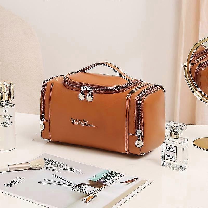 المرأة الجلود 2 الجانب جيب حقيبة مستحضرات التجميل حقيبة أدوات الزينة ذات السعة الكبيرة مع مقبض هدية عيد ميلاد الذكرى
