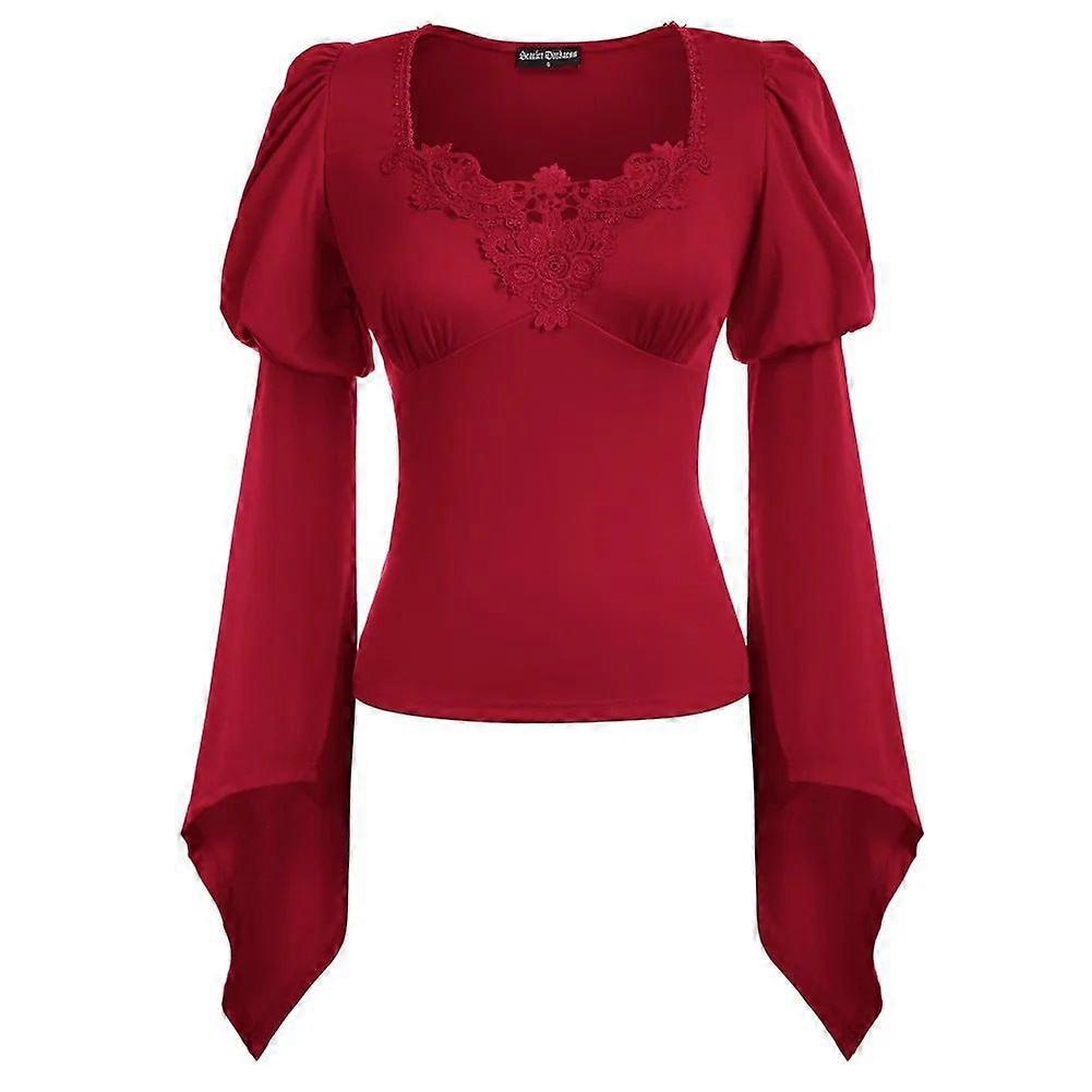 Medieval Renaissance Blouse  Women's Gothic Lace Square Neck Top with Flowing Sleeves