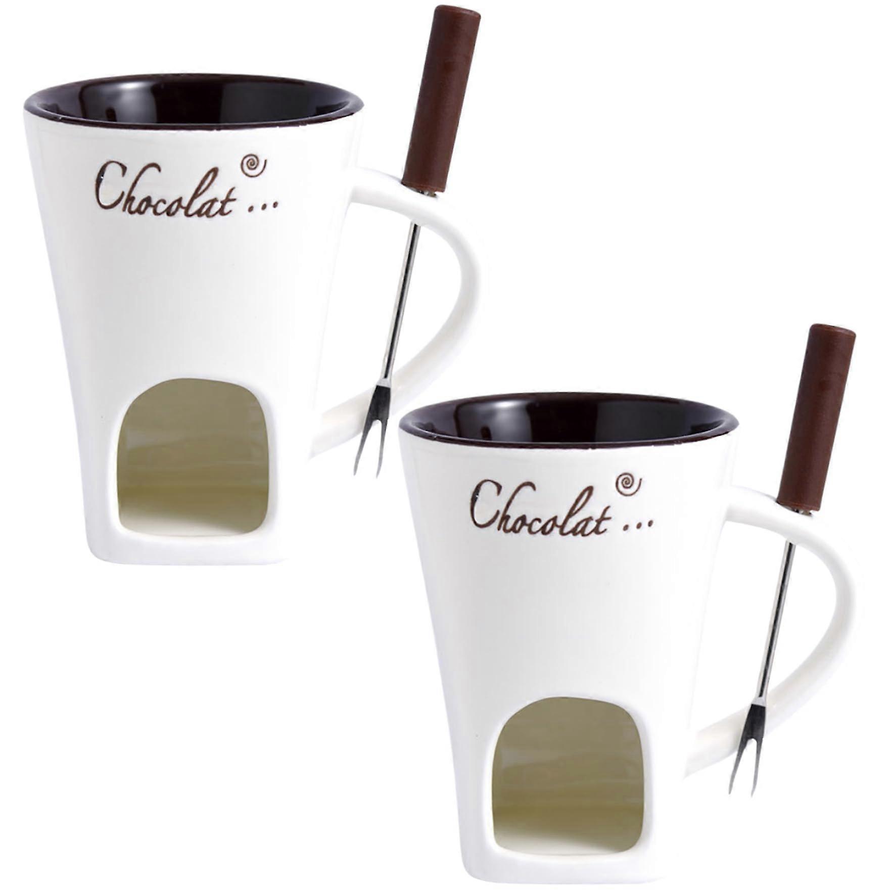 Chocolate Fondue Cups Set of 2, 200 ml Heat Resistant Ceramic with Forks, Smooth Reusable Design for Date Night, Birthday, Wedding Gifts, White