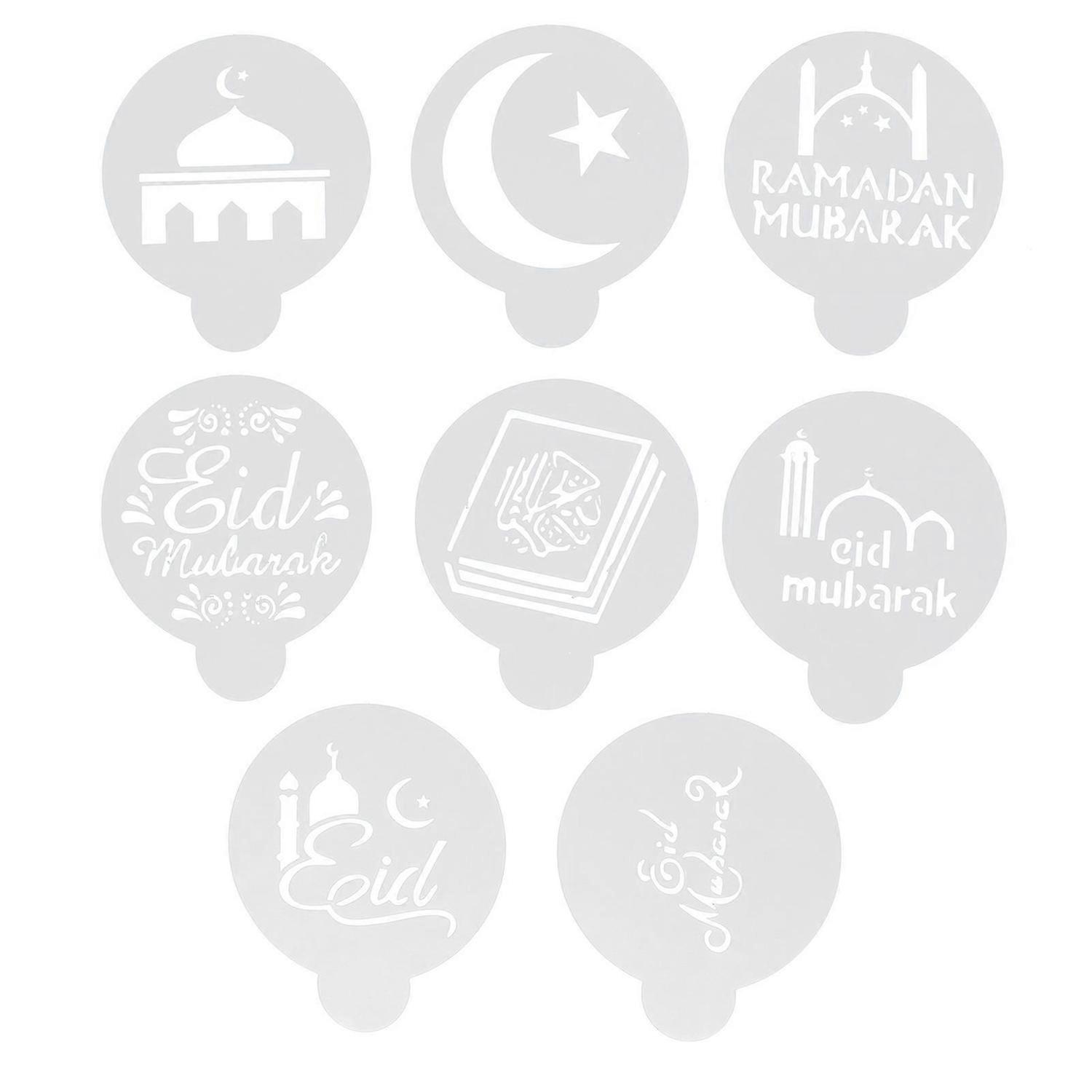 8pcs Eid Mubarak Cake Stencils Coffee Stencils Coffee Templates for Home White