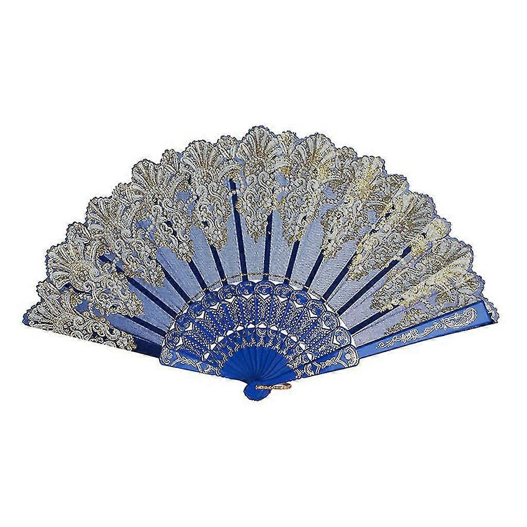 Hand Held Flower Lace Silk Cloth Folding Fan for Party Wedding royal blue