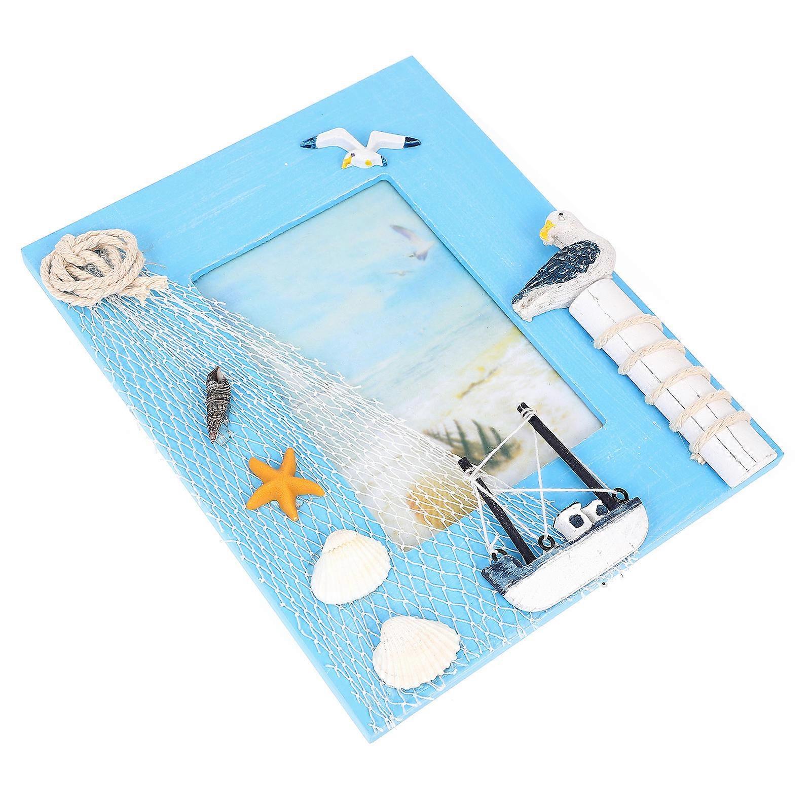 Mediterranean Photo Frame Tabletop Decor Vertical Rectangle Shape 20x16cm Sky-Blue Wood 1Pack