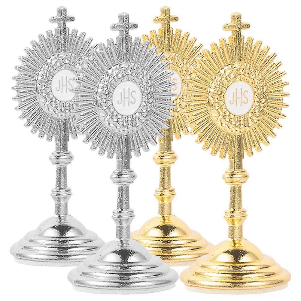 Desktop Metal Craft Standing Crucifix Mini Cross With Base Elegant Finish Home Interior Decorative Object 4Pcs