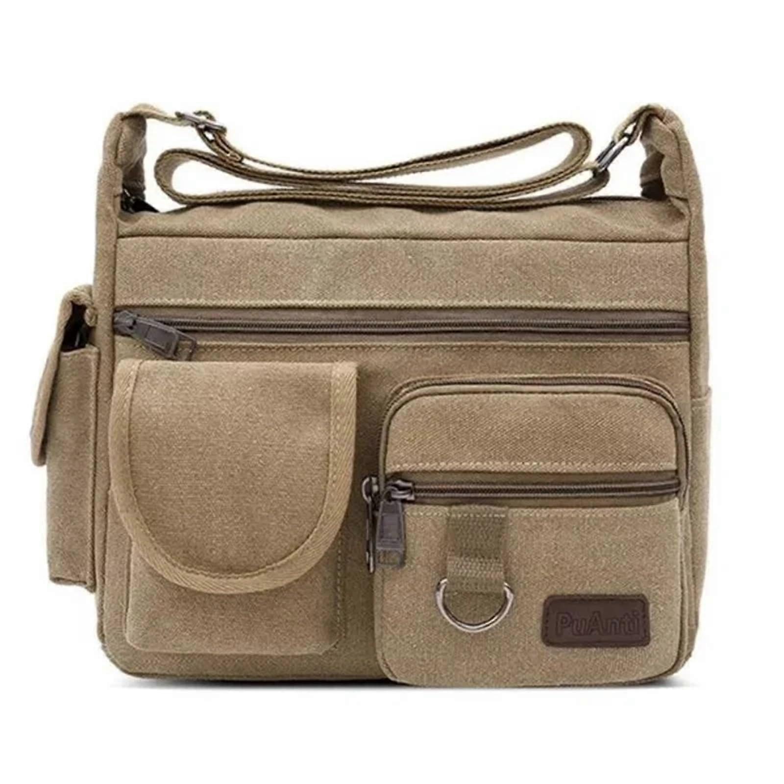 Men's Canvas Messenger Bag Large Capacity Multi-Layer Compartments Khaki Casual Shoulder Bag For Students And Travel