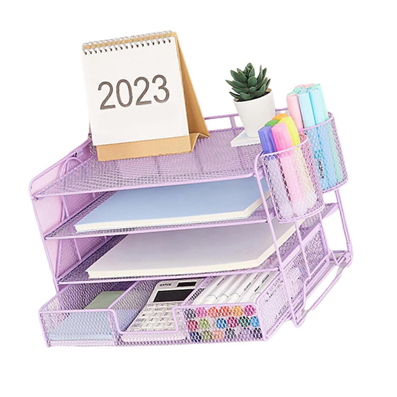 Metal 4tier file holder with magazine rack, drawer, and pen holder, multifunctional office desk organizer and accessories in violet.