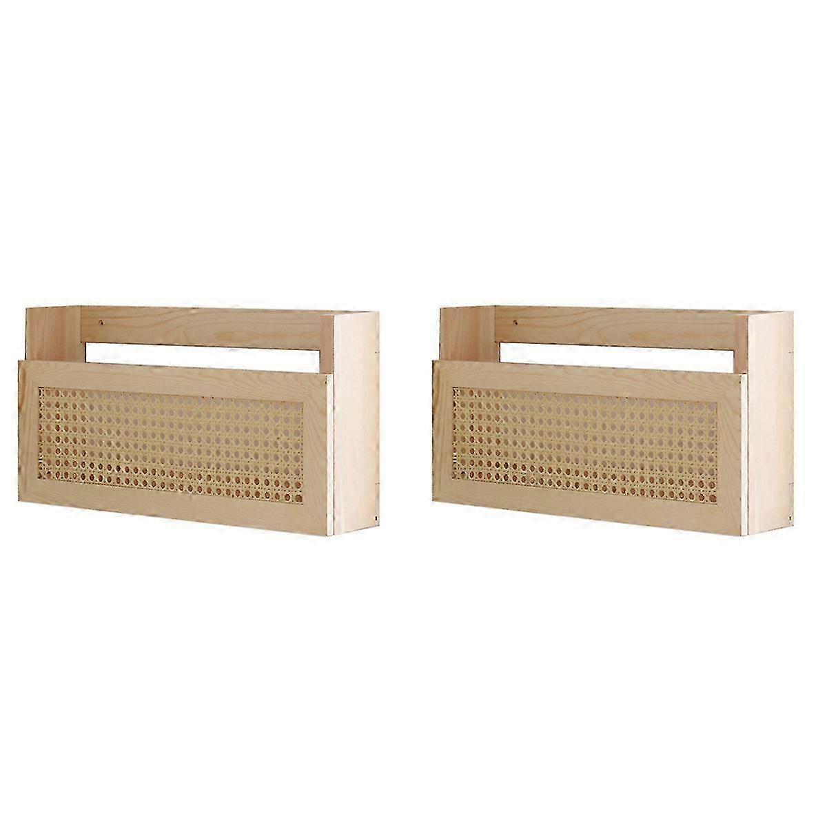 2X Wooden Magazine Wall Rack With Rattan File Holder Hanging File Rattan Bookcase Mail Organizer For