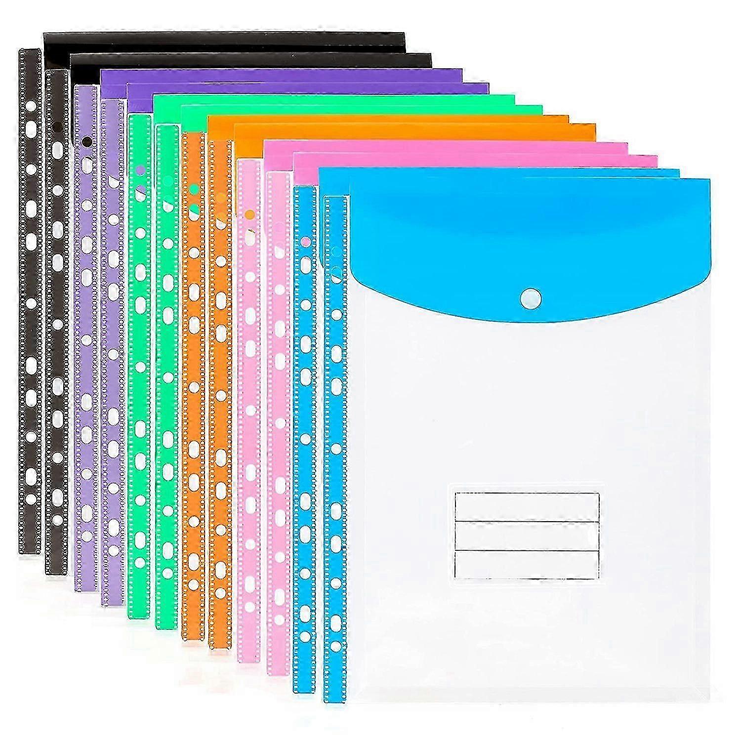 12 Pack A4 Punched Pockets Plastic Wallets - 11 Holes Expandable Binder Pocket Envelope File Folder