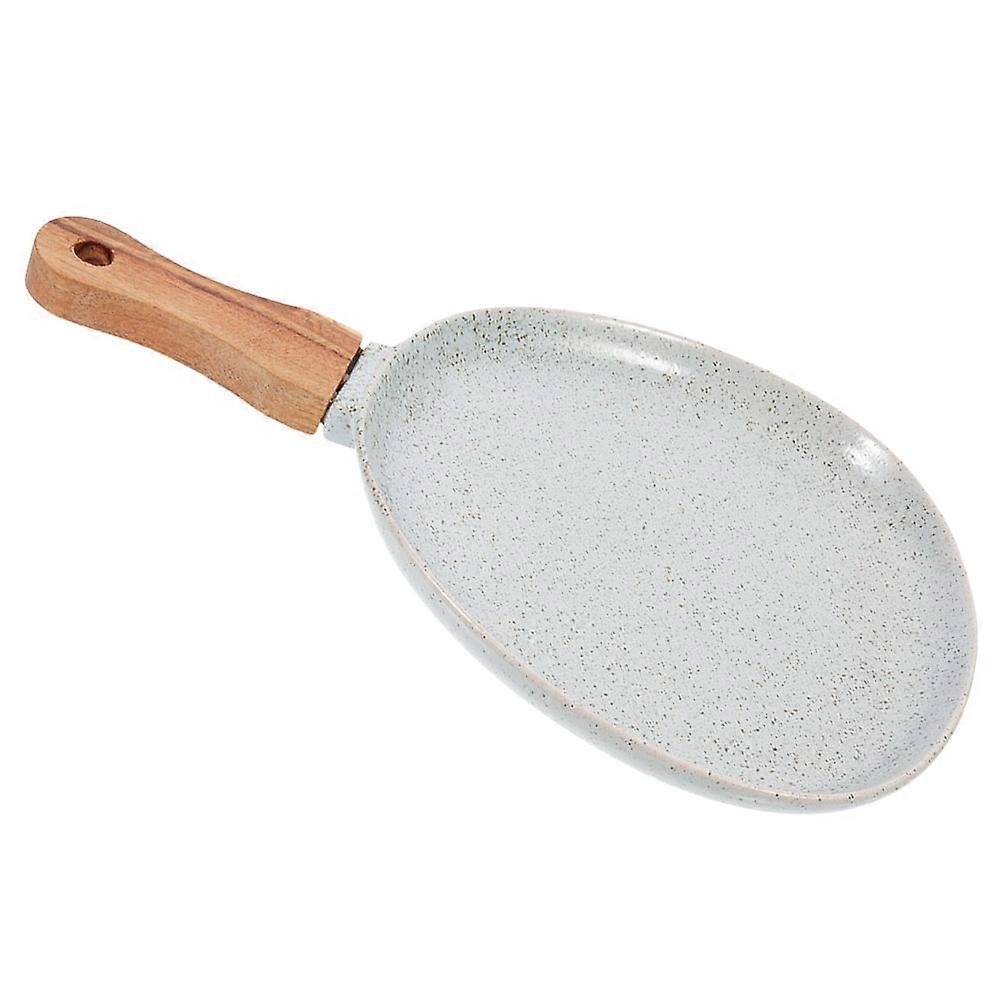 Blue Ceramic Plate with Wooden Handle for Home Use Microwave and Oven Safe 7.8 Inches