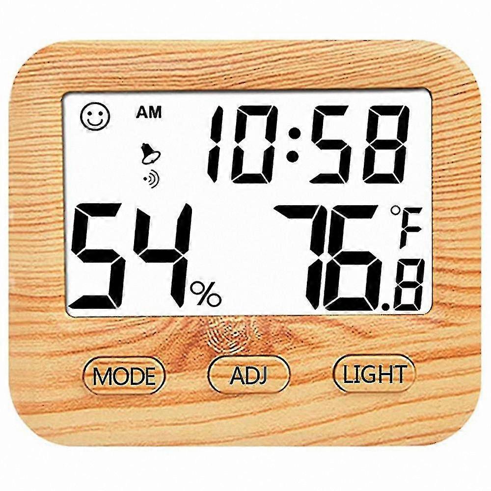 Termometro per ambienti in legno con igrometro, orologio e display dell'ora per uso domestico o in ufficio
