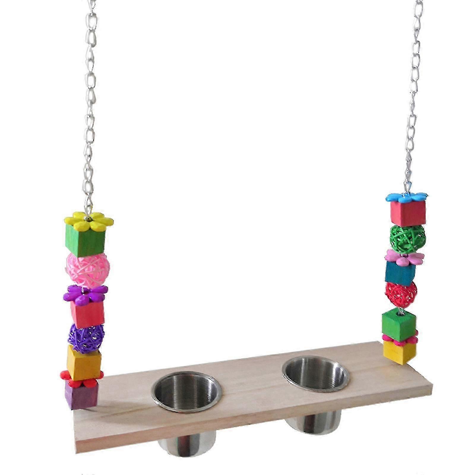 Parrot Feeder Feeding Water Bowls Wood Swing Perch For Small Medium Birds