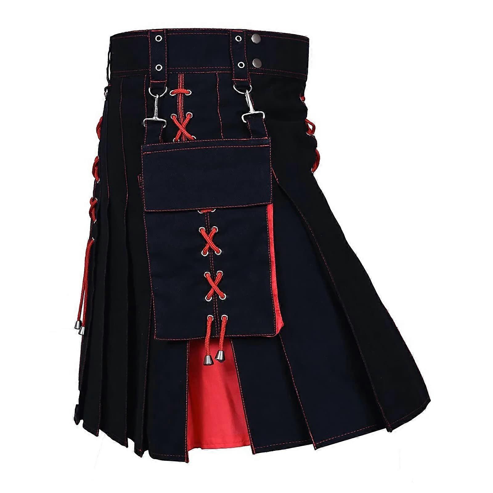 Scottish Kilt Men's Classic Tartan Skirt with Side Pockets Red 5XL