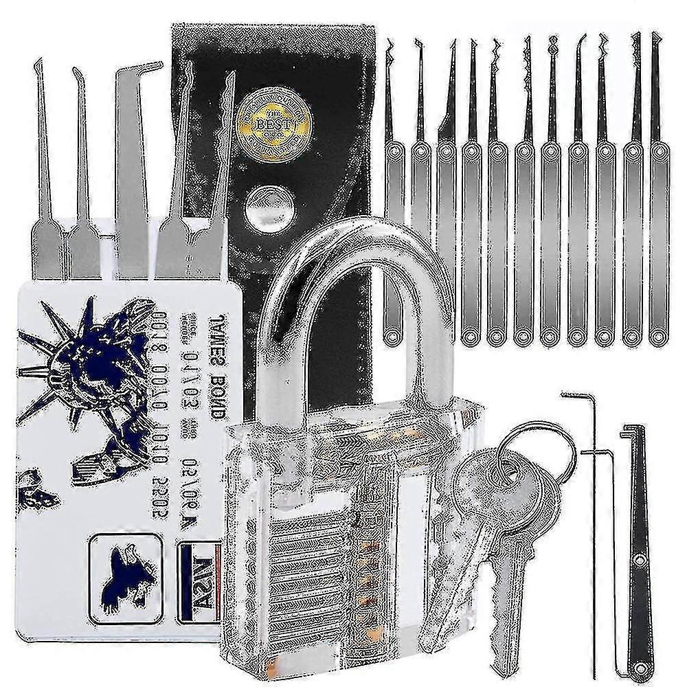 20-Piece Lock Pick Set with Transparent Practice Padlock for Beginners